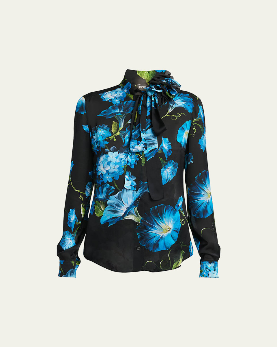 Satin Bluebell Print Blouse with Tie Neck